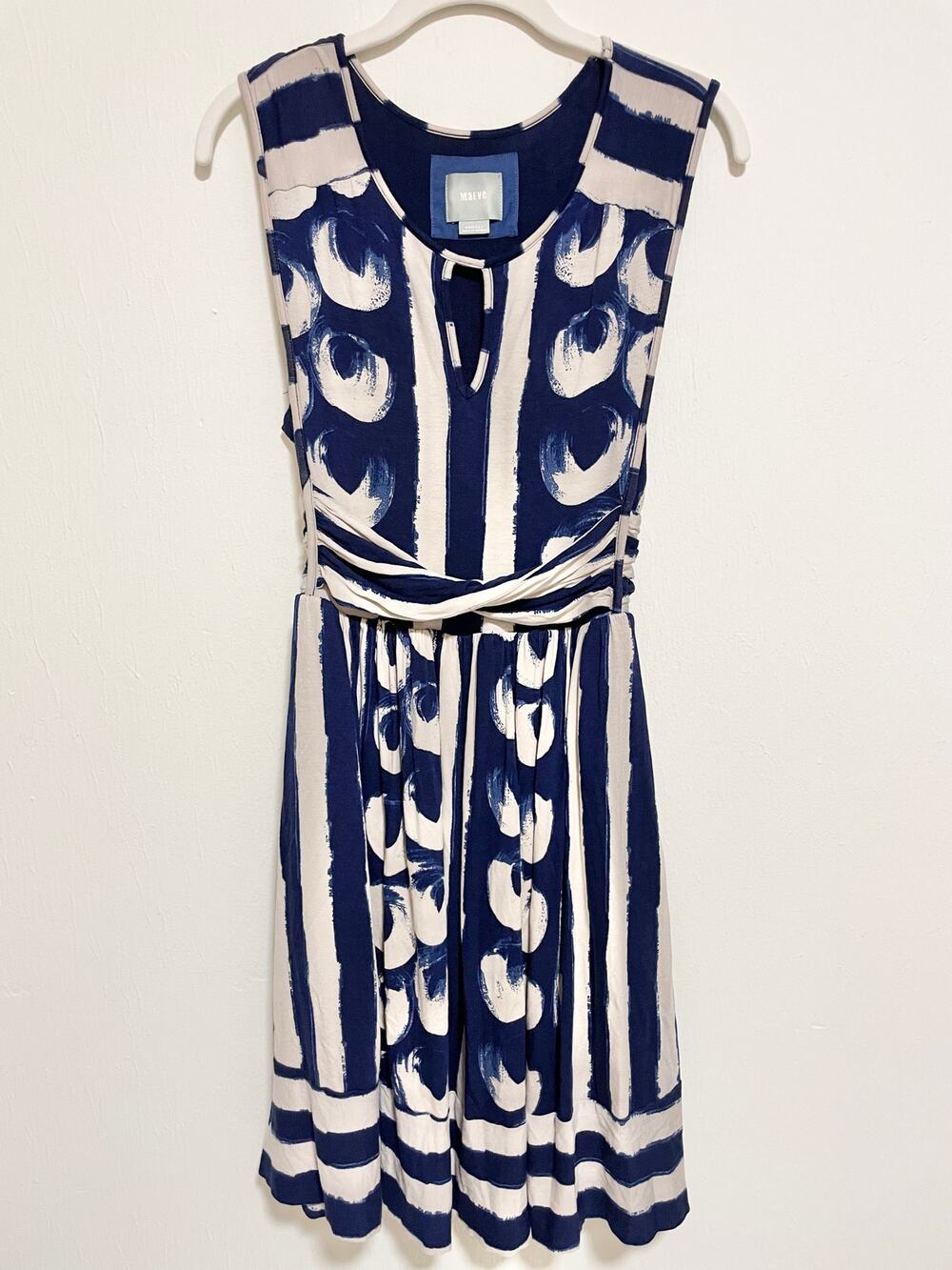 Maeve Womens Mini Dress XS Blue Cream Geometric Print Pockets Modern Artsy Retro